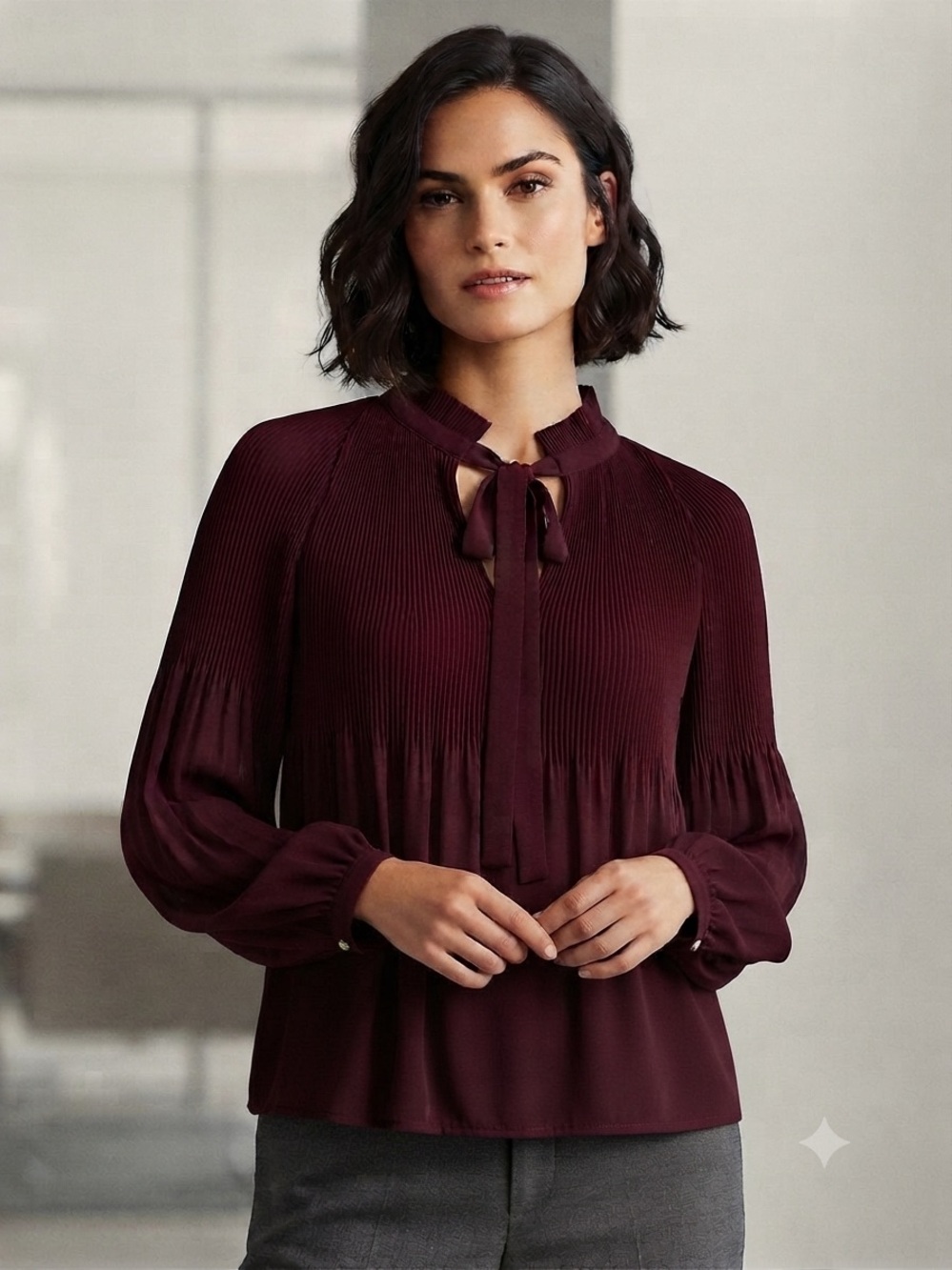 LAUREN Ralph Lauren Burgundy Bow-Tie Pintuck Blouse